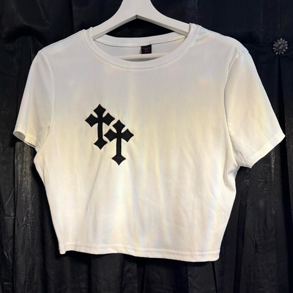 White Crop Top with Black Cross Design